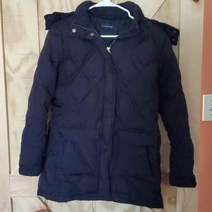 Lands End Black Down Coat, Detachable Faux Fur-Trim Hood, size Medium 10-12